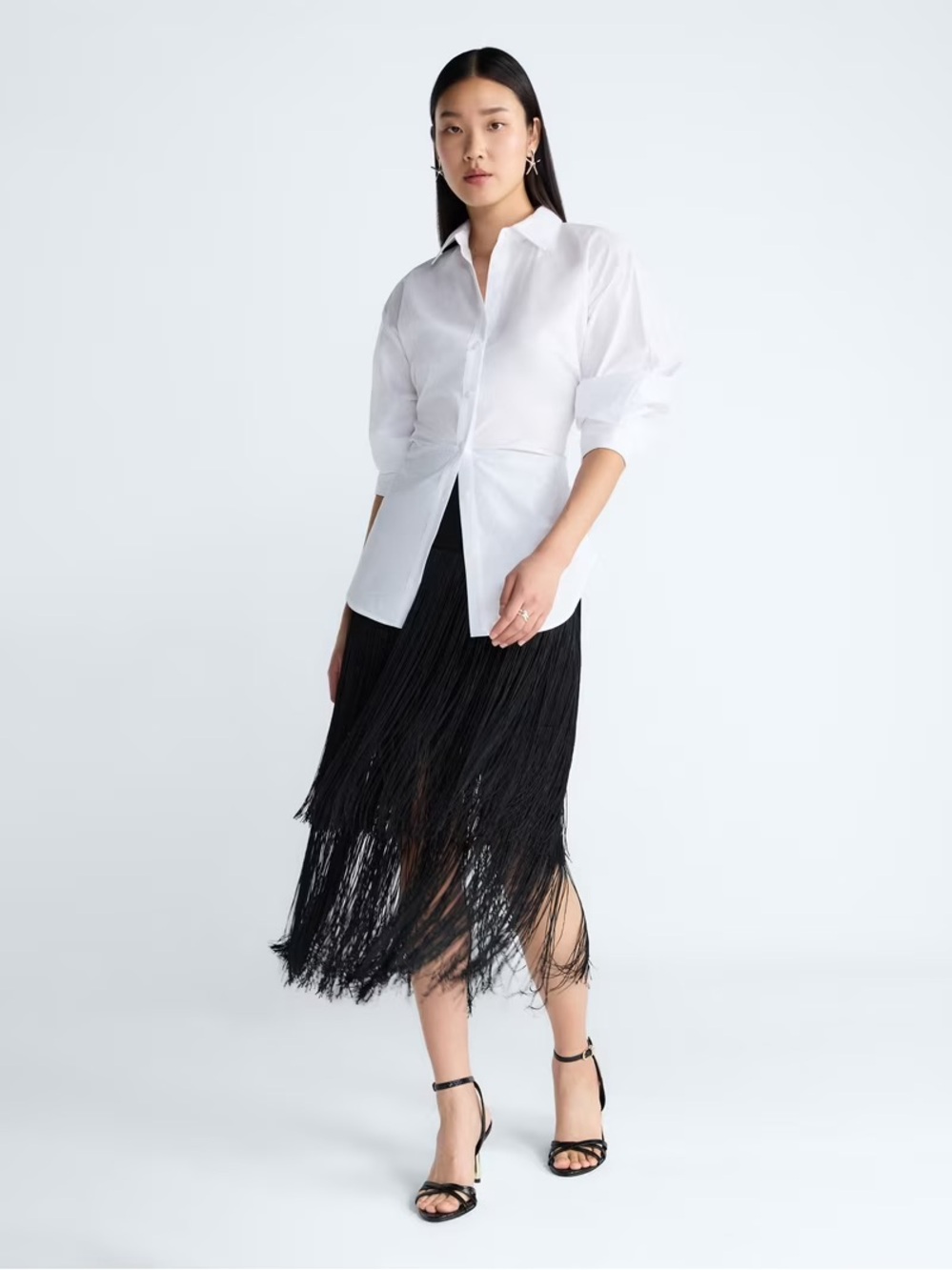 Devil Wears Prada Scoop Collection Fringe Midi Skirt in Black